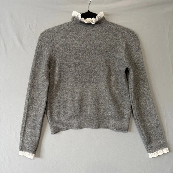 Zara Womens Mock Neck Lace Trim Knit Sweater Size S Grey Victorian Feminine 80s - Picture 6 of 6